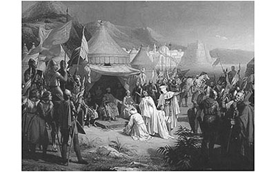 بيرتراند كونت تولوز يتلقى استسلام القاضي فخر الملك بن عمار بعد الاستيلاء على مدينة طرابلس، الرسم أمر به لوي- فيليب للمتحف التاريخي في فرساي عام 1838، ونفّذه عام 1842 الرسّام ألكسندر شارل دبك